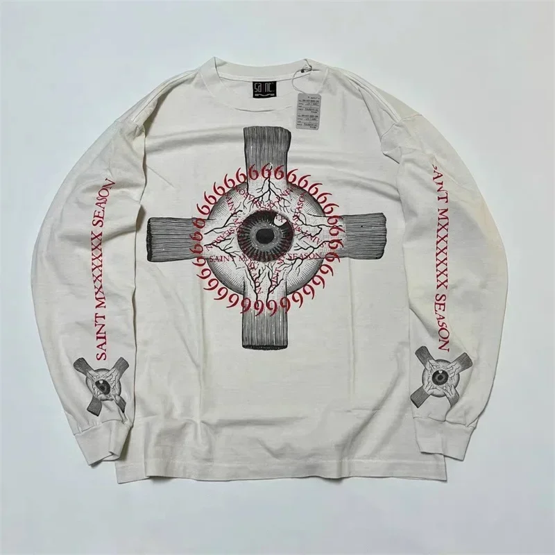 

Eyeball Cross Print SAINT MICHAEL Washed White Hoodie Men Women 1:1 Vintage Oversized Long Sleeves