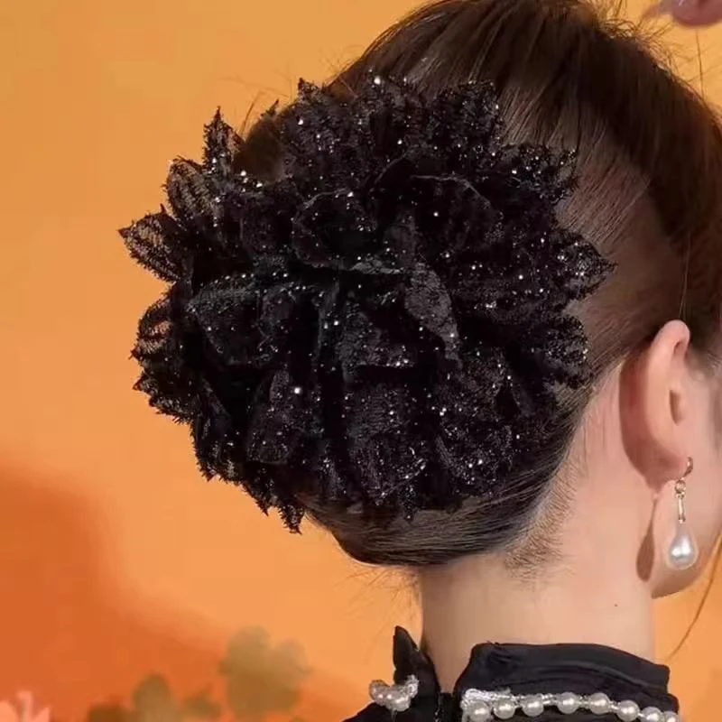 Mode schwarz Mesh Blume Haars pange Frauen Hai Pferdes chwanz Clip Kopfschmuck Temperament Blume Haar Kralle Kopf bedeckung Haarschmuck