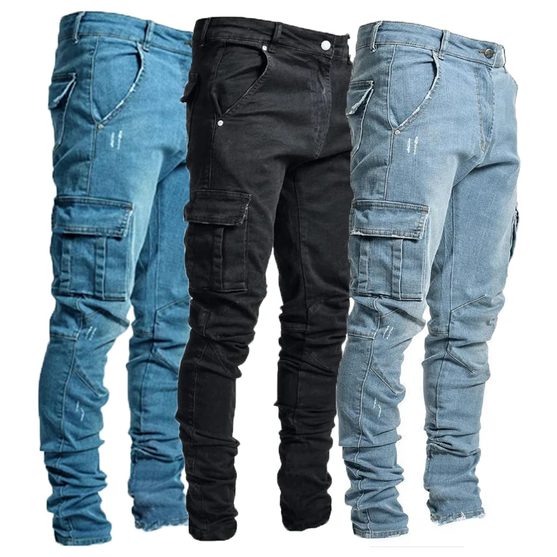 Men's jeans casual cotton jeans multi-pocket denim cargo pants fashion street jeans side pockets men's pencil pants