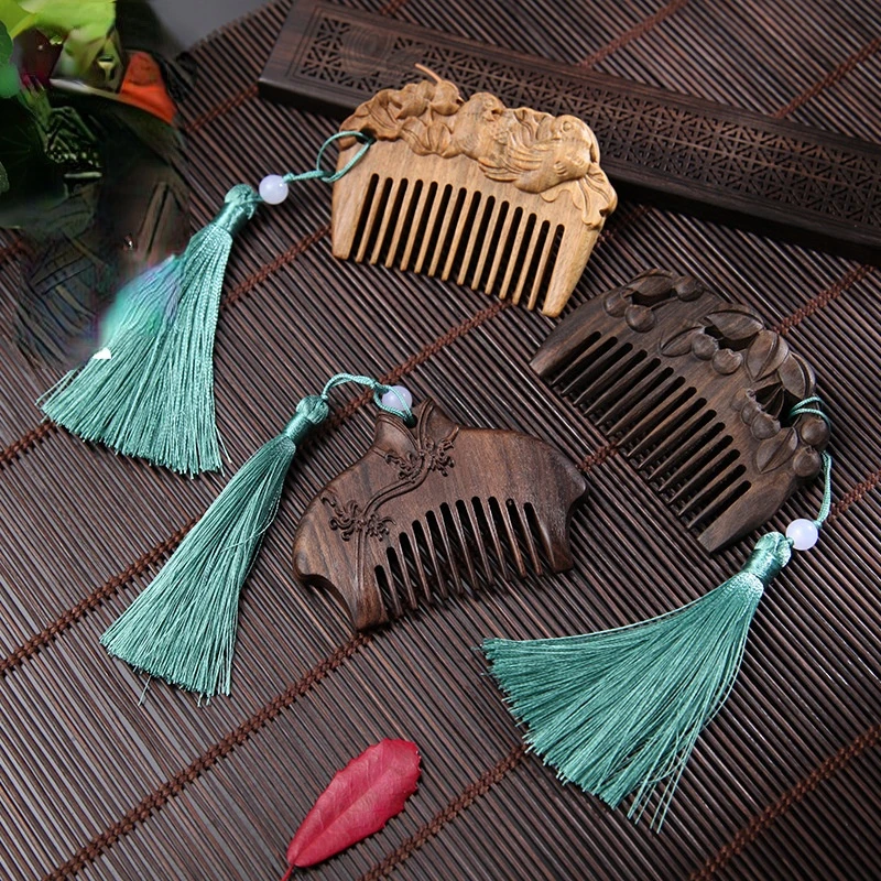 Wooden Comb Natural Gold Sandalwood Narrow Tooth Combs With Tassel Double Side Engraved Small Comb Hair Hair Care Accessories vintage buckle eye punk women s belt hole hollow leather belt women fashion thin narrow belt with gold pin buckle ladies belt