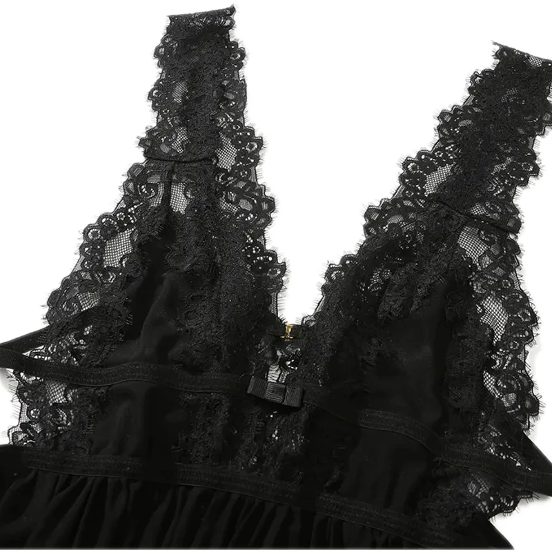 Womens Sleepwear V-Neck Sexy Nightdress Casual Nightgown Comfortable Lace Pajama Solid Color Bifurcation Nightwear - 6