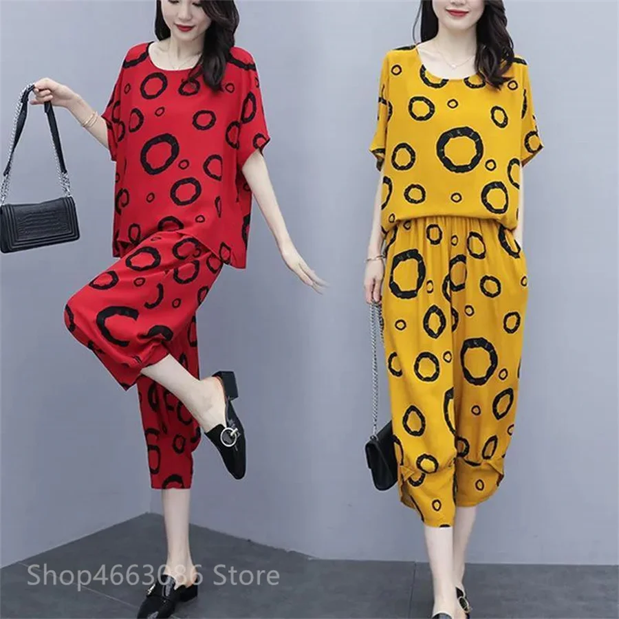 

2022 Summer New Single Piece/Suit Sports Style Female Mother's Wear Women Set T-Shirt Top Round Neck Two-Piece 2PCS