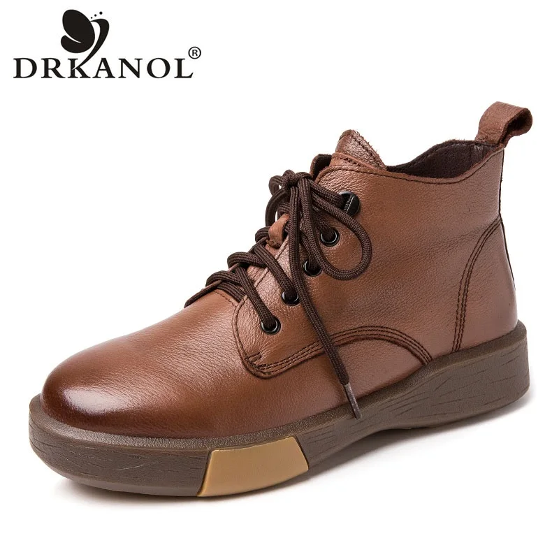 

DRKANOL Fashion Women Boots Autumn Winter Warm Shoes Round Toe Lace-Up Genuine Cow Leather Soft Comfort Casual Short Ankle Boots