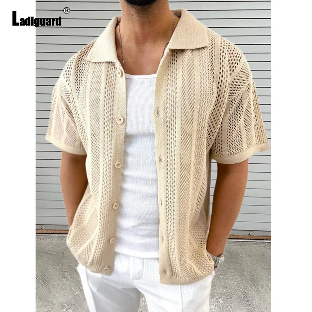 Ladiguard Summer New Knitting Blouse Solid White Transparent Shirt Camisa Mens Beach Top Cardigans Lepal Collar Knitwear