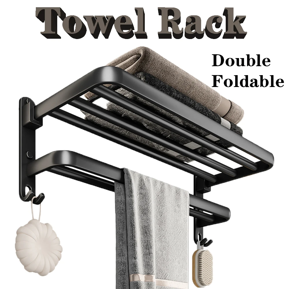 

Bathroom Towel Rack with Shelf Movable Holder Towel Bar Hook Wall Mount Aluminum Shower Hanger kitchen Bathroom Accessories