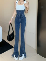 Slim Wide-Leg Flare Jeans Spaghetti Straps Single-breasted Denim Jumpsuit Fashionable High Street Autumn Women's Trousers