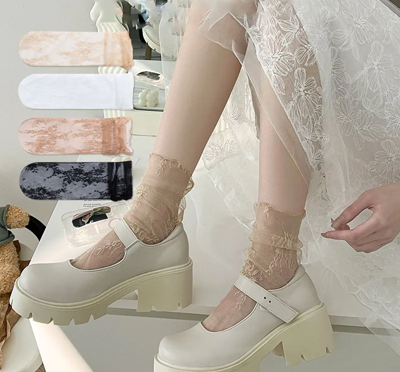 Lolita Sweet Transparent Lace Mesh Socks For Women Summer Black White Middle Tube Socks Breathable Female Sexy Thin Silk Socks