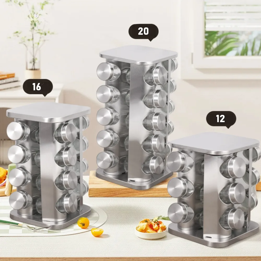 Stainless Steel Spice Rack Rotating Seasoning Set Organizer