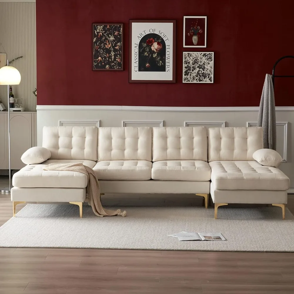 

Convertible Sectional Sofa Couch with Double Chaises, Creamy-White, Linen Fabric Upholstered, 110" U-Shape Sofa Couch