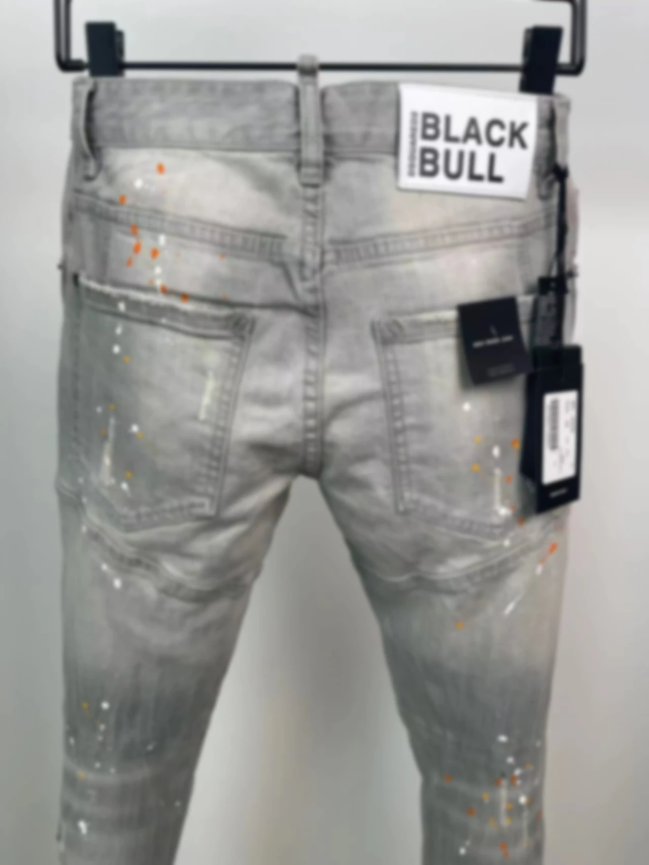 2024 New D2 Jeans Trendy Men's Broken Pants Fashion Slim Fit Elastic Broken Patch Zipper Broken Ink Feet Pants