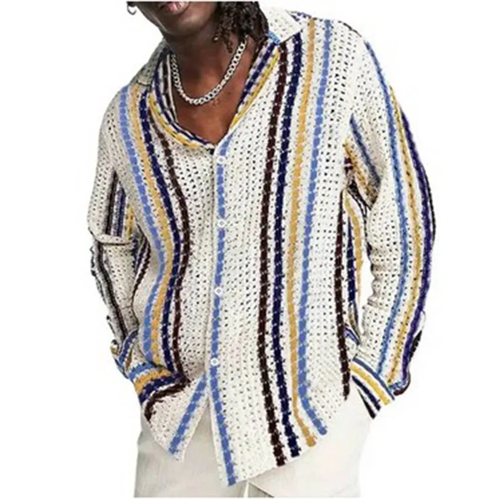 

Рубашка с длинным рукавом, уличная одежда из полиэстера, легкая эластичная Весенняя полосатая Повседневная Уличная одежда бежевого цвета в стиле пэчворк