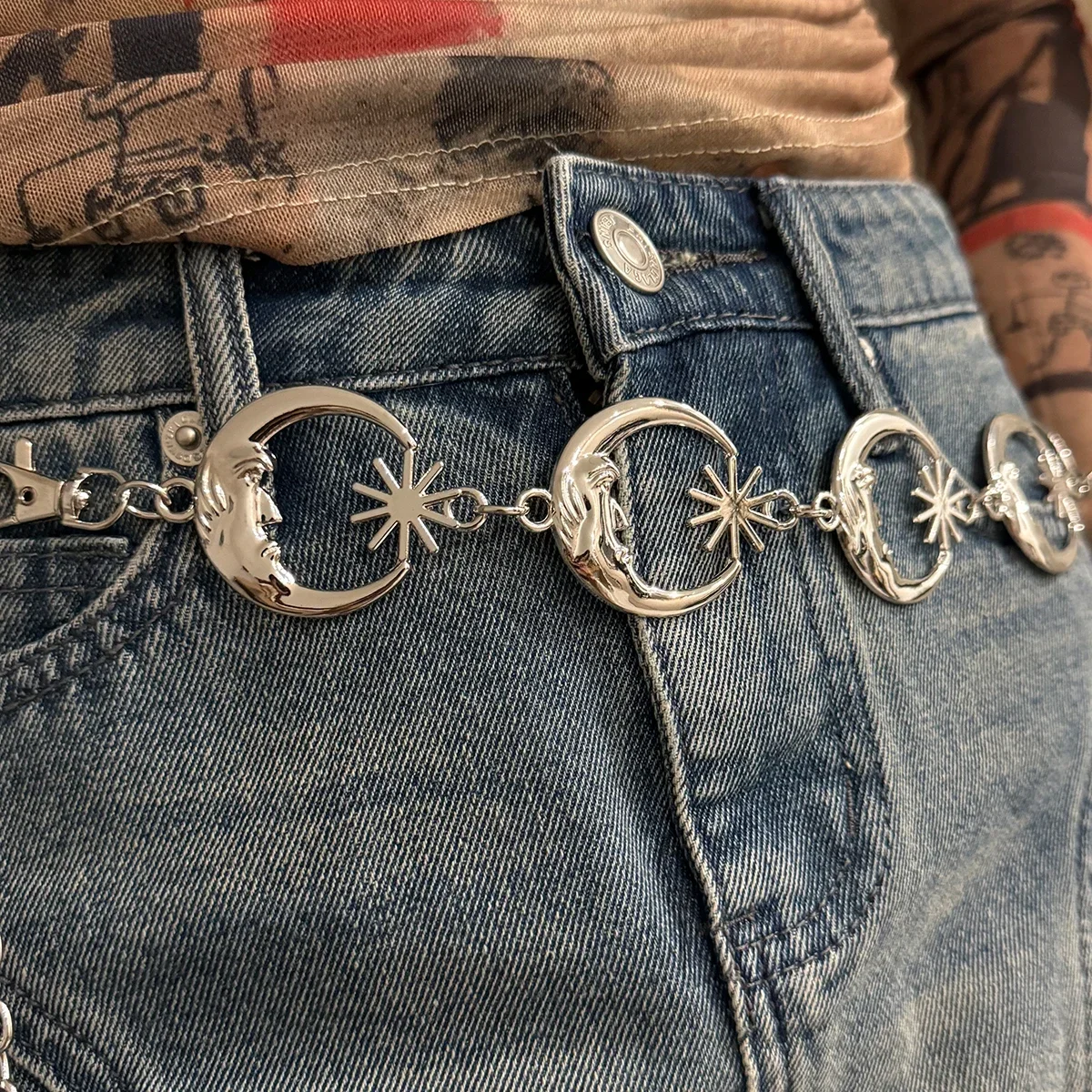 Punk Hip Hop Stil Allgleiches Taille Kette Sonne Vintage Metall Damengürtel für Kleid Mond Hohe Taille Kettengürtel für Frauen – Detail 8