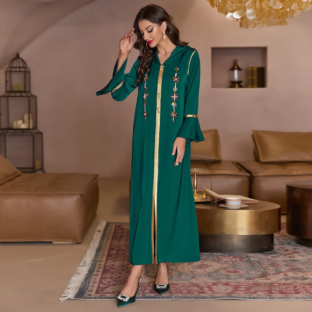 

Saudi Arabia Dark Green Flare Sleeve Front Split Noble Wall Satin Robe Muslim Dubai Party Banquet Water Diamond Islamic Dress