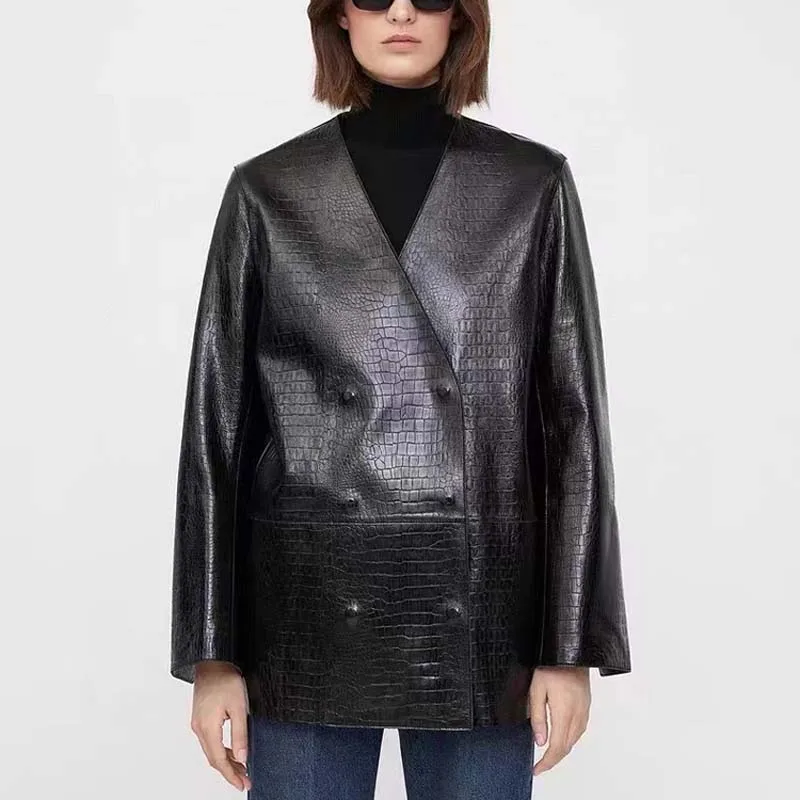 

Women Coat Spring And Autumn Regular Length Clothes V-Neck Collar Genuine Leather Imitation Snakeskin Covered Button