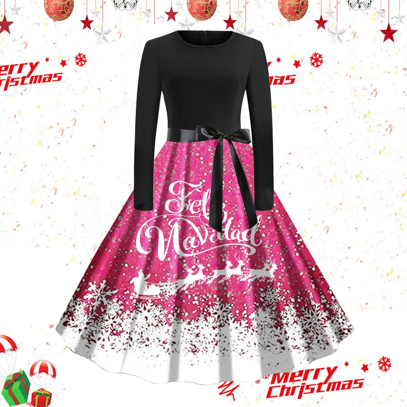 

Womens Vintage Large Swing Skirt Letter Print Christmas Style Lace Up Round Neck Long Sleeve Casual Dresses for Junior Girls