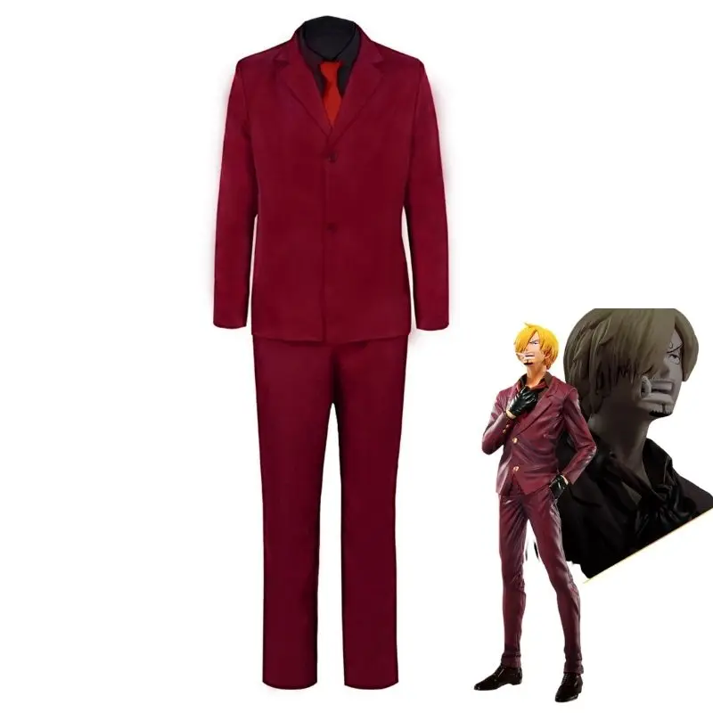 

Anime Cosplay One Piece Sanji Costume Red Suit Uniform Outfit Casual Streetwear Man Coat Top Pants Halloween Carnival Party Suit