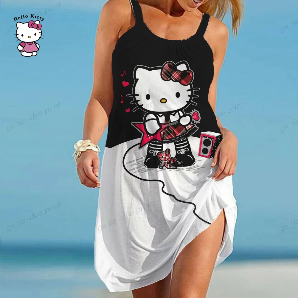 

Summer Sexy Beach Dress Women New Sleeveless Elegant Spaghetti Strap Dresses For Women Clothing Hello Kitty Print Mujer Verano