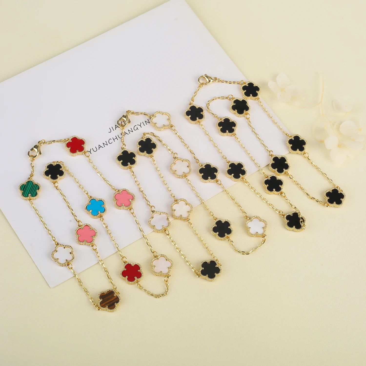 AILINFA New Hot Sale Five Leaf Flower Zirconia Bracelet Four Leaf Clover Stone Bracelet Necklace for Women Wear Jewelry