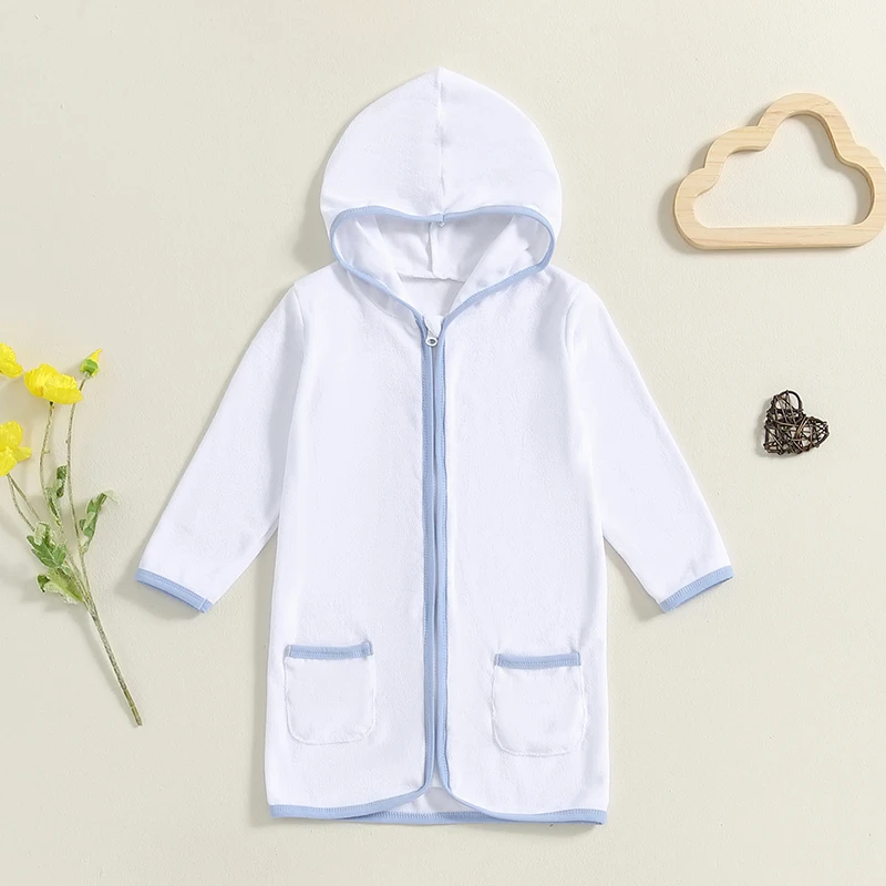 1-7Y Kids Boys Girls Robe Hooded Zip Up Pockets Soft Contrast Color Long Sleeve Nightgowns