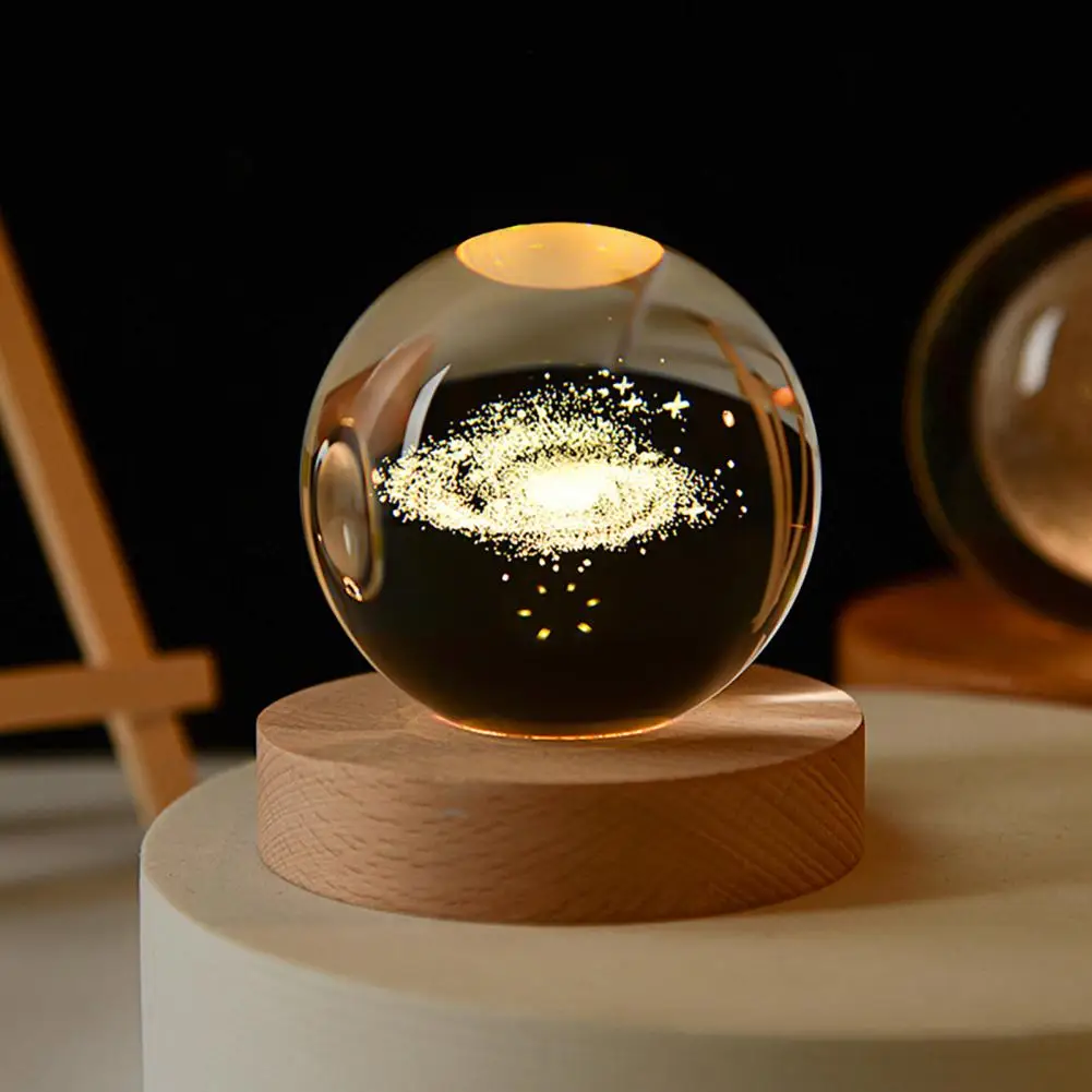 

6cm Diameter Faux Ball 3d Engraved Solar System Ball Night Light with Wooden Base Led Lamp Desktop Decoration Unique for Space