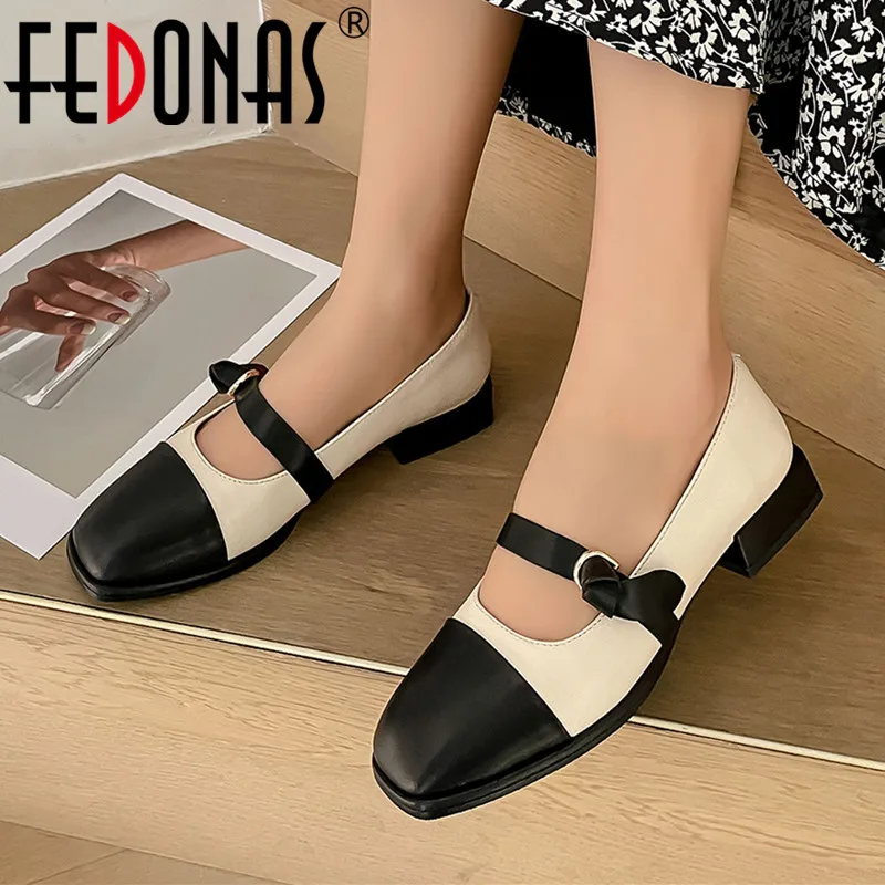 

FEDONAS Mixed Colors Splicing Women Pumps Spring Summer Basic Concise Genuine Leather Thick Heels Shoes Woman Working Casual New