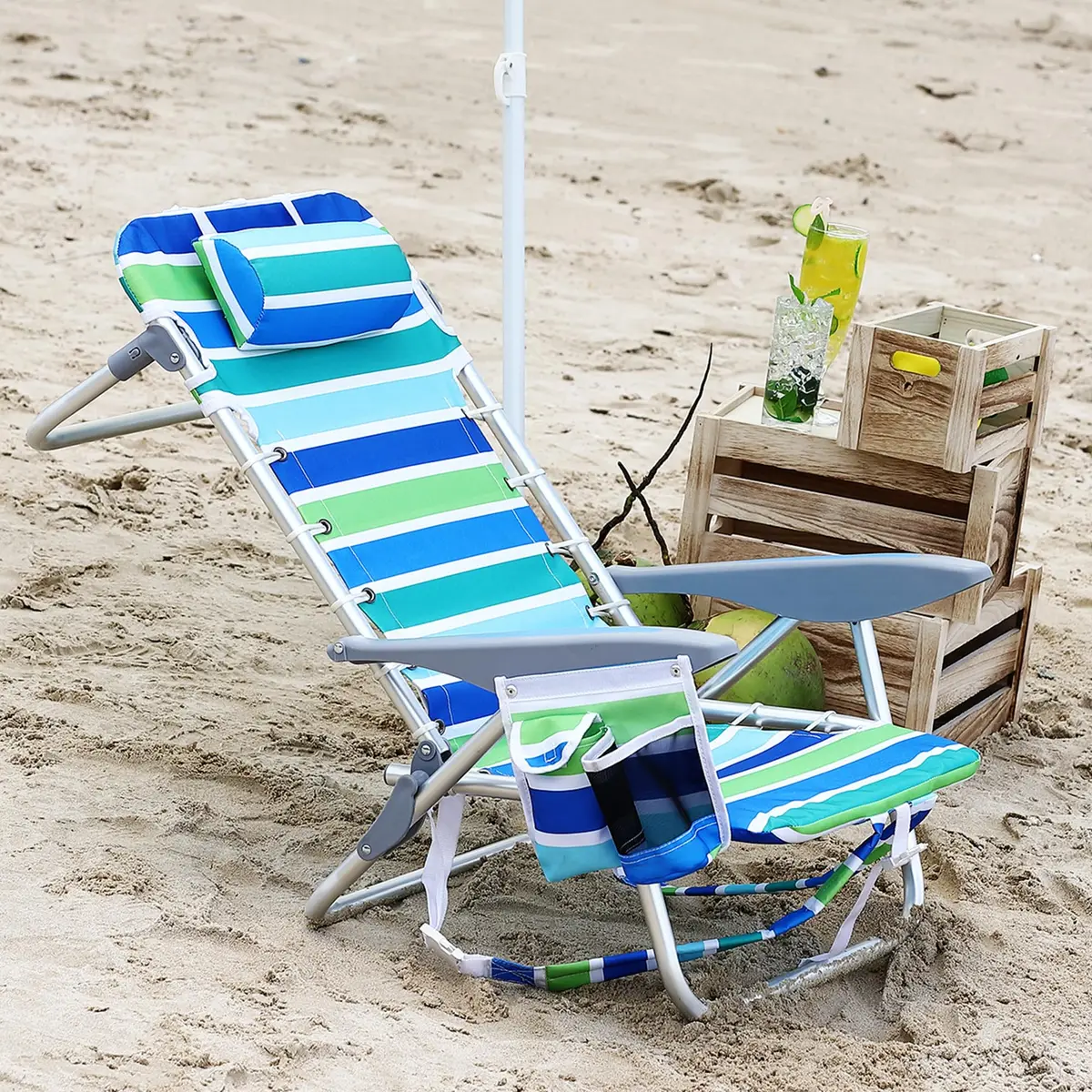 Portable Backpack Beach Chair 2 Pack 5 Reclining Positions Folding Outdoor Lounge w/Backpack Straps,Cup Holder for Camping Beach — view 2