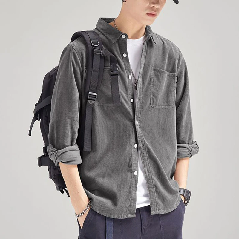 

Spring Autumn Lapel Solid Color Casual Fashion Corduroy Shirt Men Simple All-match Buttons Top Male Long Sleeve Cardigan Blouse