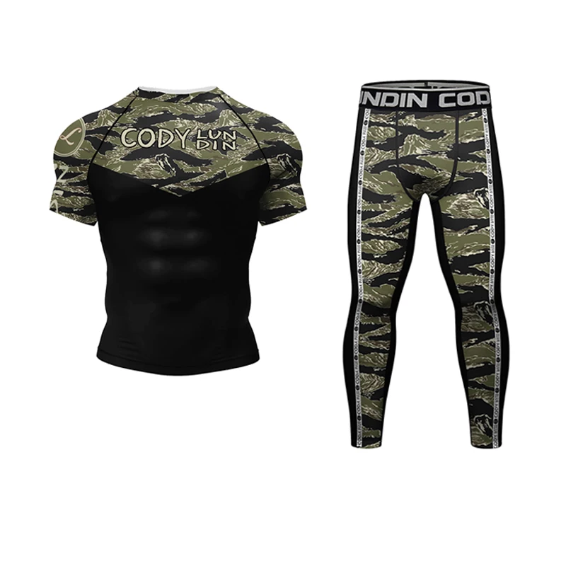 Kickboxing Rashguard Jiu Jitsu MMA T-shirt + Pant Set Men Rash Guard Grappling Bjj Gi Boxing Sportsuits Gym Muay Thai Shorts Suit sports apparel,mens t shirt
