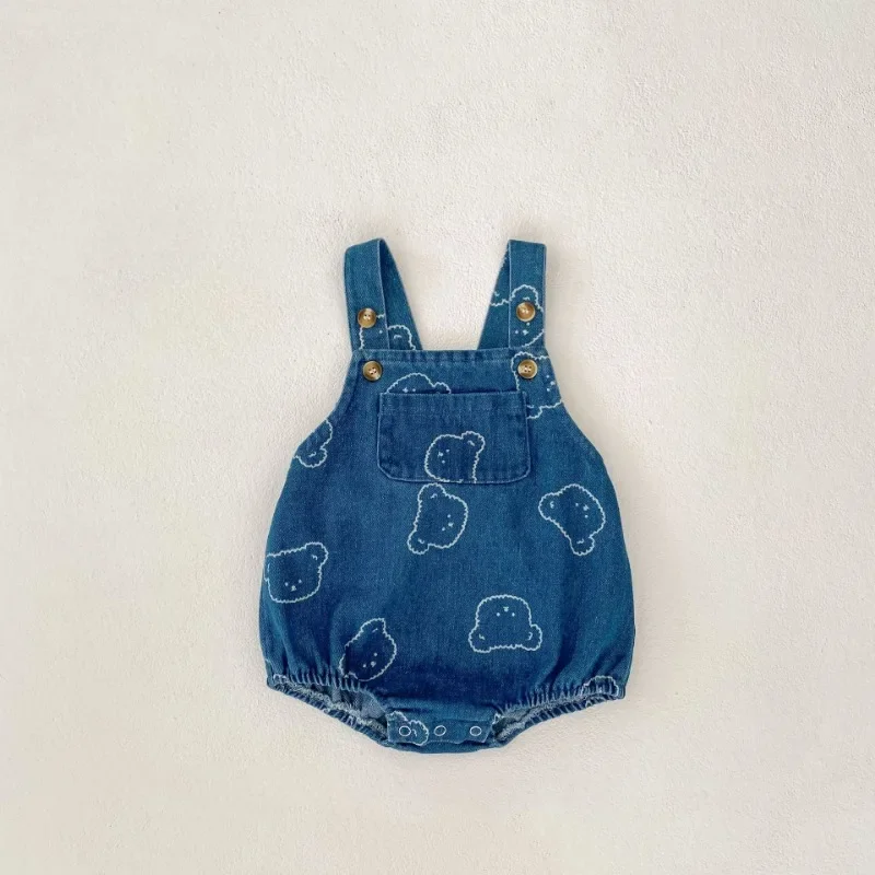 New Spring Autumn Young Children Boys and Girls Denim Bodysuit Cartoon Bear Printed Shoulder Straps Sleeveless Jumpsuit H22401 6