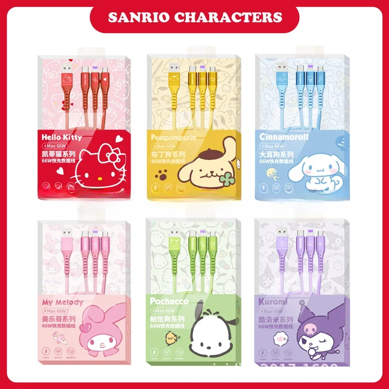 

Sanrio 3 In 1 Fast Charging Cable Data Line Kuromi Hello Kitty Cinnamoroll For Micro Type-C USB Lightning Portable Car Charger