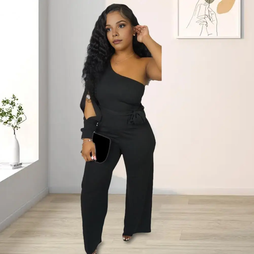 

Hot Weather Cool Jumpsuit Elegant One Shoulder Wide Leg Jumpsuit with Slit Sleeve Belted High Waist Stylish Pure Color Hollow