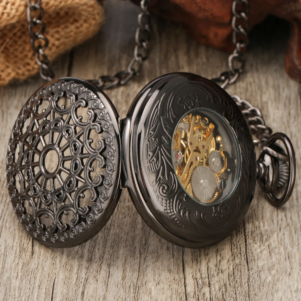 Steampunk Hollow Black 기계식 손으로 감는 회중 시계 남자 FOB 체인 펜던트 시계 로마/아라비아 숫자 다이얼 시계