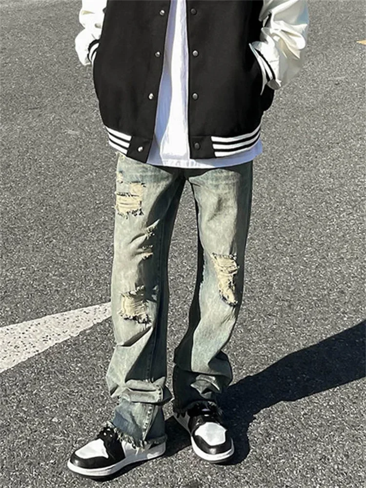 High Street Ripped Jeans Male Ins Tide Brand Hip-hop Wide-leg Pants Summer Thin Section Straight Loose Casual Old Pants men