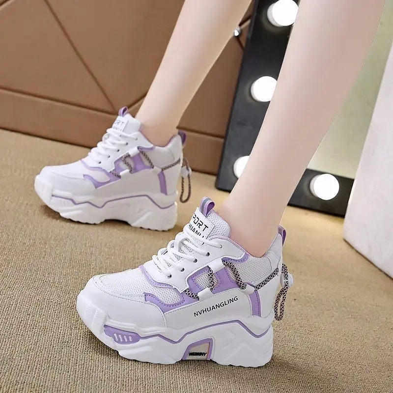 Purple Wedge Sneakers for Women Tennis Shoes Basket Femme Thick Platform Wedge Breathable Sport Shoes Ladi Heightening10cm