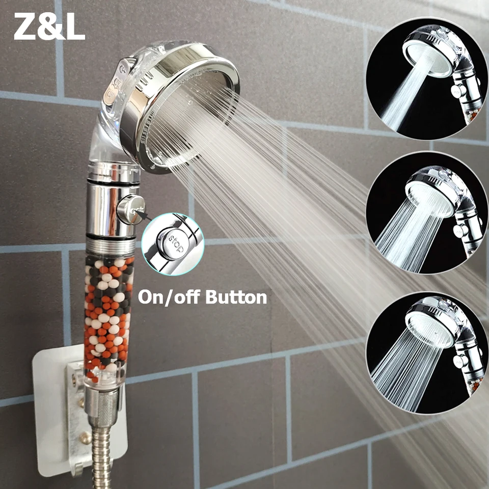 Zhangji Salle de bain 3-fonction Spa Pomme de douche avec interrupteur  Bouton d'arrêt Haute pression Anion Filtre Baignoire Tête Douche  Economieuse d'eau