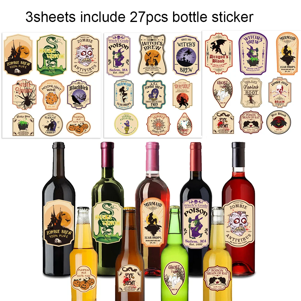 3-Pack Halloween Wine Bottle Stickers – Spooky Ghost-Themed Self-Adhesive Labels for Wi... - SKU WBS01739 - UGI Packaging