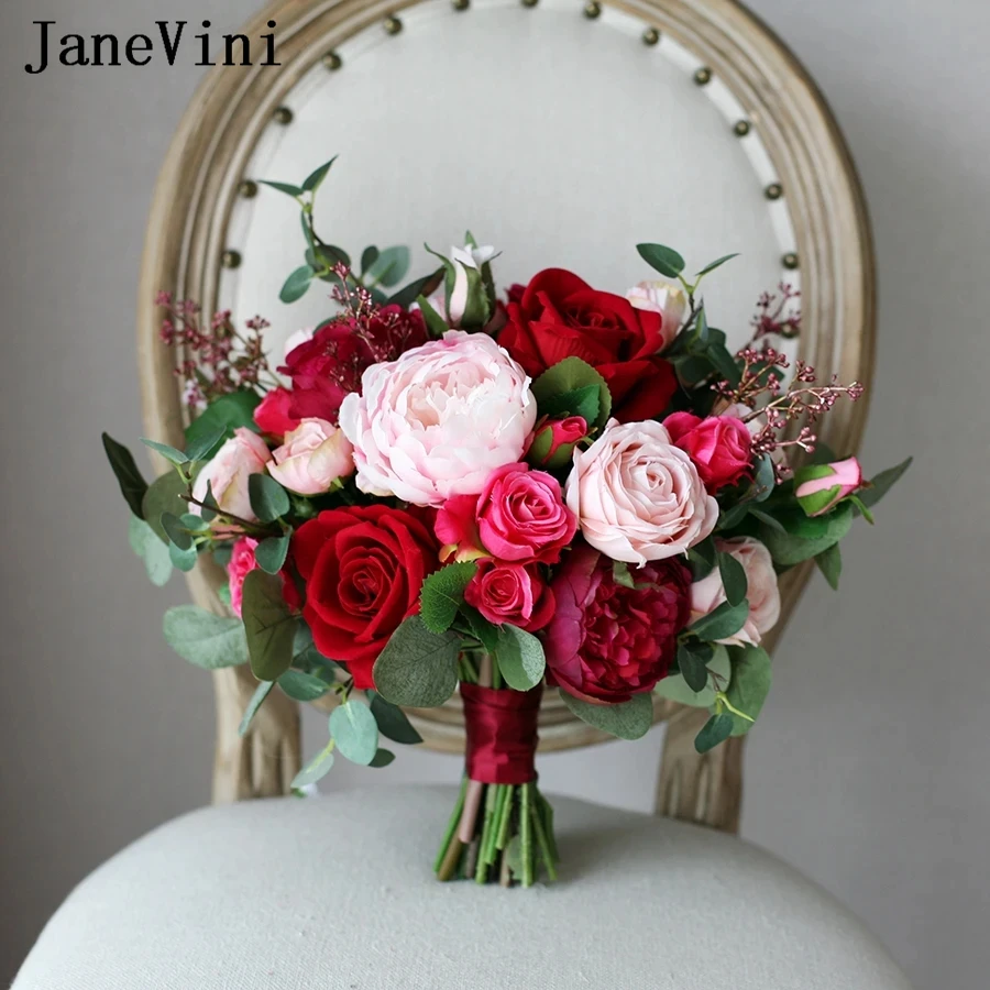 

JaneVini Vintage European Style Artificial Flowers Wedding Bouquet Mariee Silk Burgundy Red Rose Peonies Bridal Bouquet Bride