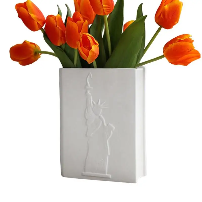 

White Ceramic Book Vase For Flowers With Statue Of Liberty Relief Cute Bookshelf Decor for Floral Arrangement Home Decor