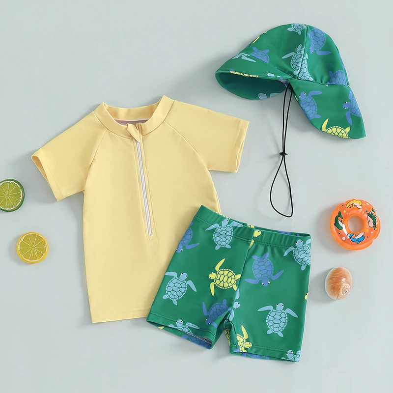 Toddler Boys Rash Guard Sets 3 Piece Swimsuit Suits Short Sleeve Tops Turtle Print Swim Trunks Swim Cap Bathing Suits