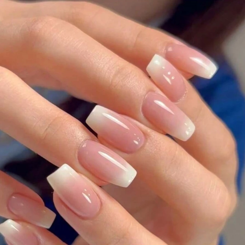 

On Nails Long Coffin Press on Pink and White False DIY Nails Art