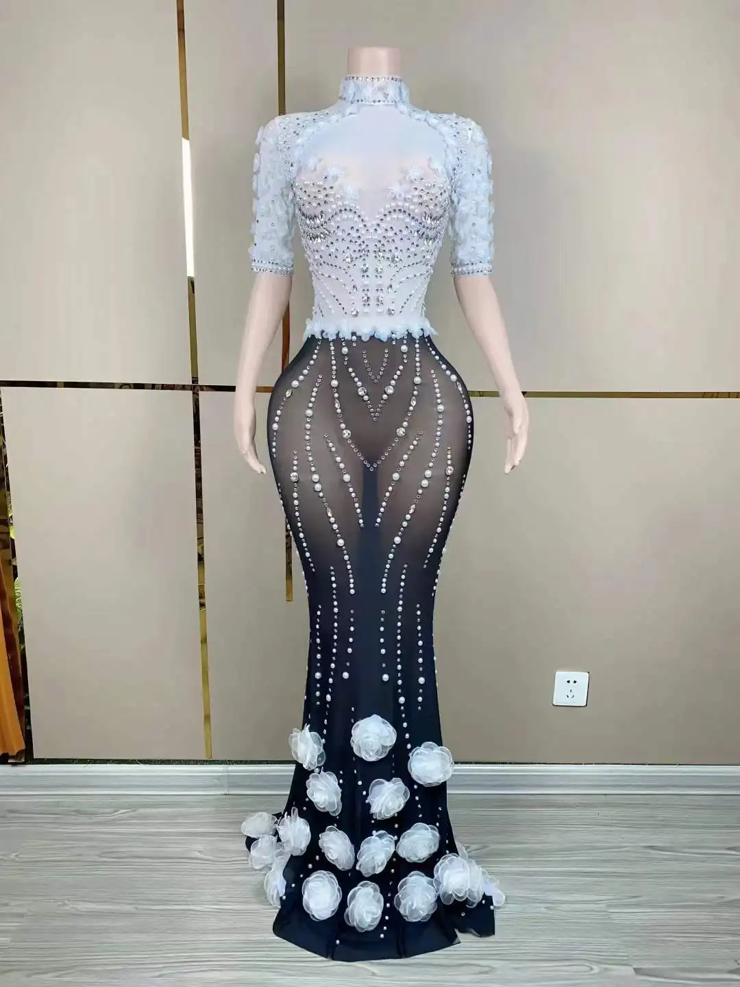 White Black Mesh Flower Sheer Half Sleeve Long Dress For Women Beaded Birthday Queen Elegant Outfit Singer Stage Wear