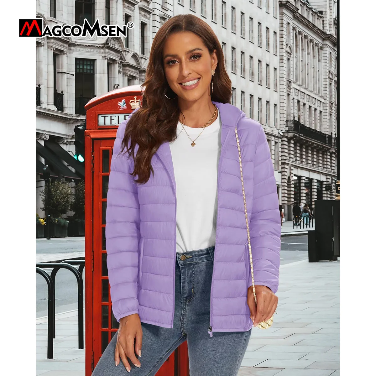 MAGCOMSEN Women‘s Lightweight Hooded Puffer Jacket Full Zip Windbreaker Waterproof Quilted Down Coat Winter Warm Outerwear 5