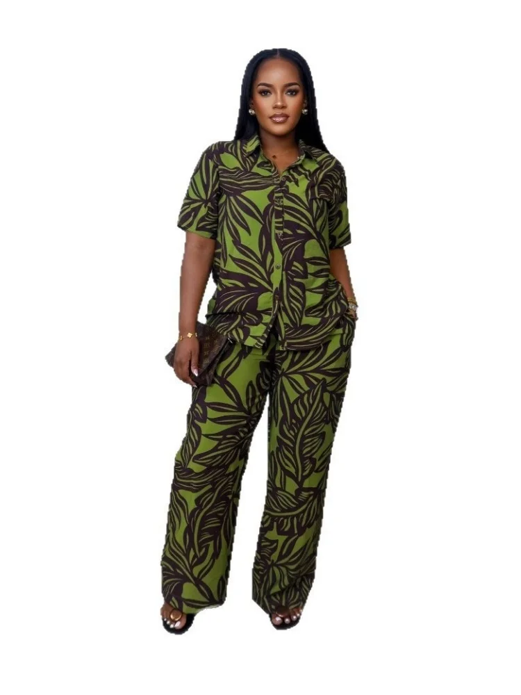 Wmstar Two Piece Sets Women Wholesale  Printed  Short Sleeve Top High Waist Elastic Wide Leg Trousers Suit Matching Suit Summer