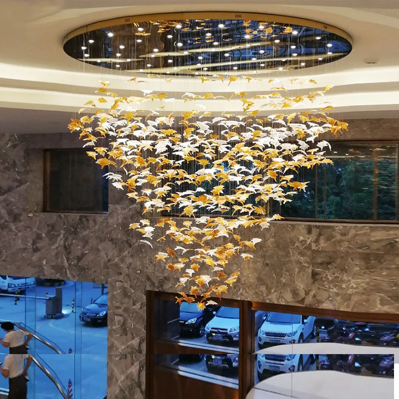 

Modern Crystal Chandelier Maple Leaves Glass Chandeliers Ligiting Villa Lobby DIY Stairs Luxury Project Pendant Lamp