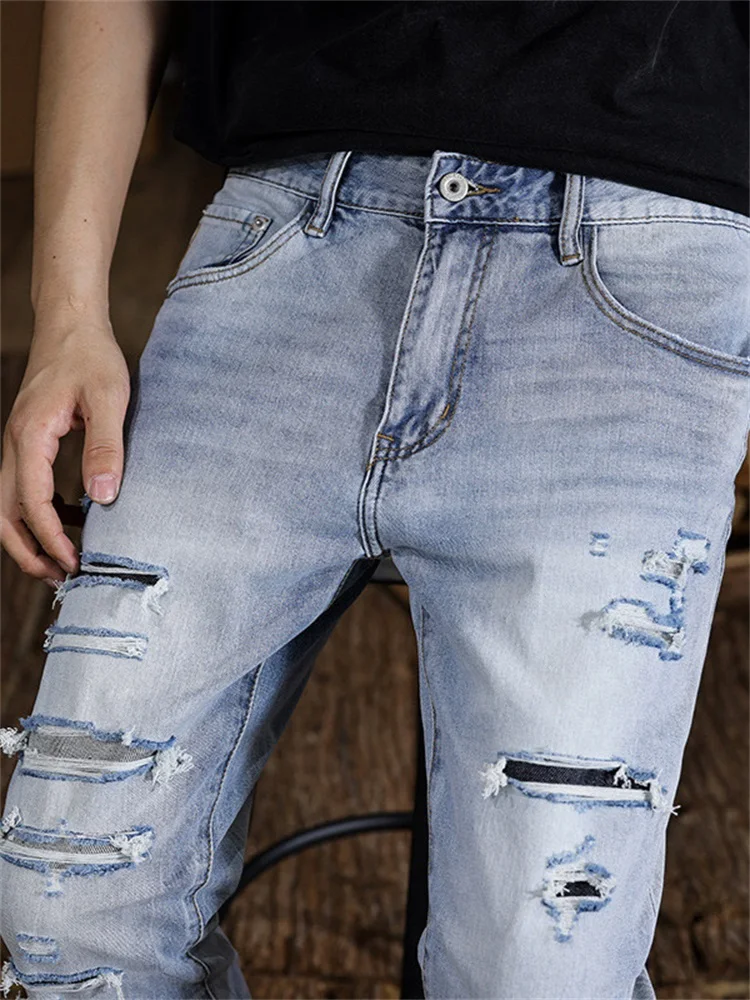Men 3D Broken Hole Jeans Long Ink Splash Graffiti Pants 3D Inner Bleached Slim Fit High Elastic Zipper Trendy Cat Flipping Edge