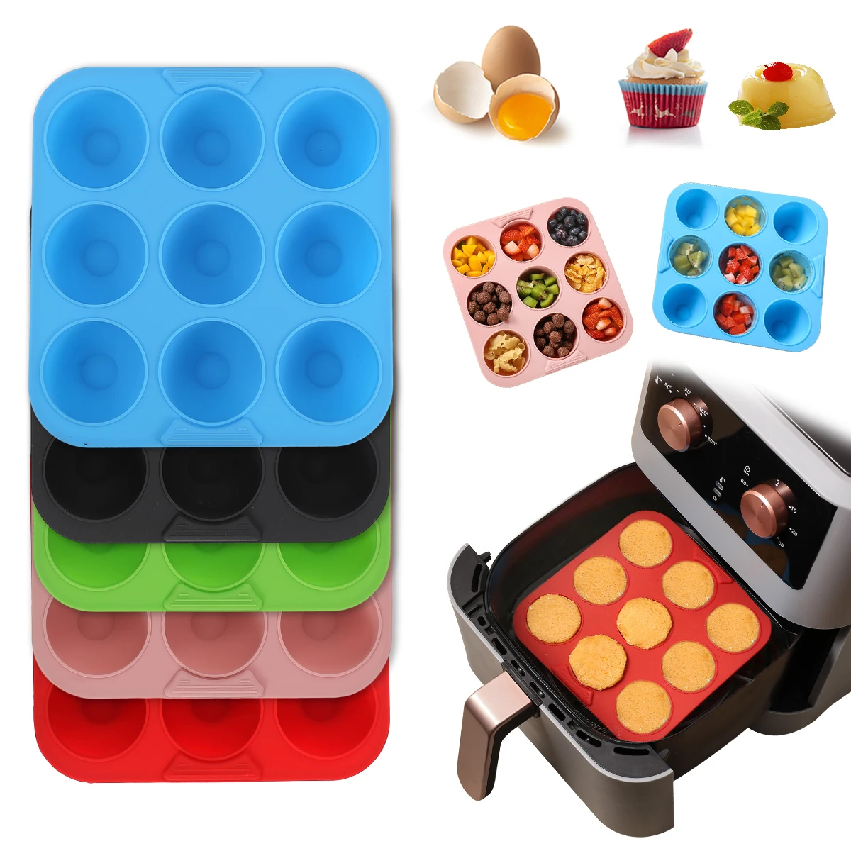 Square Air Fryer FoodGrade Silicone 9Cavity Cake Baking Pan