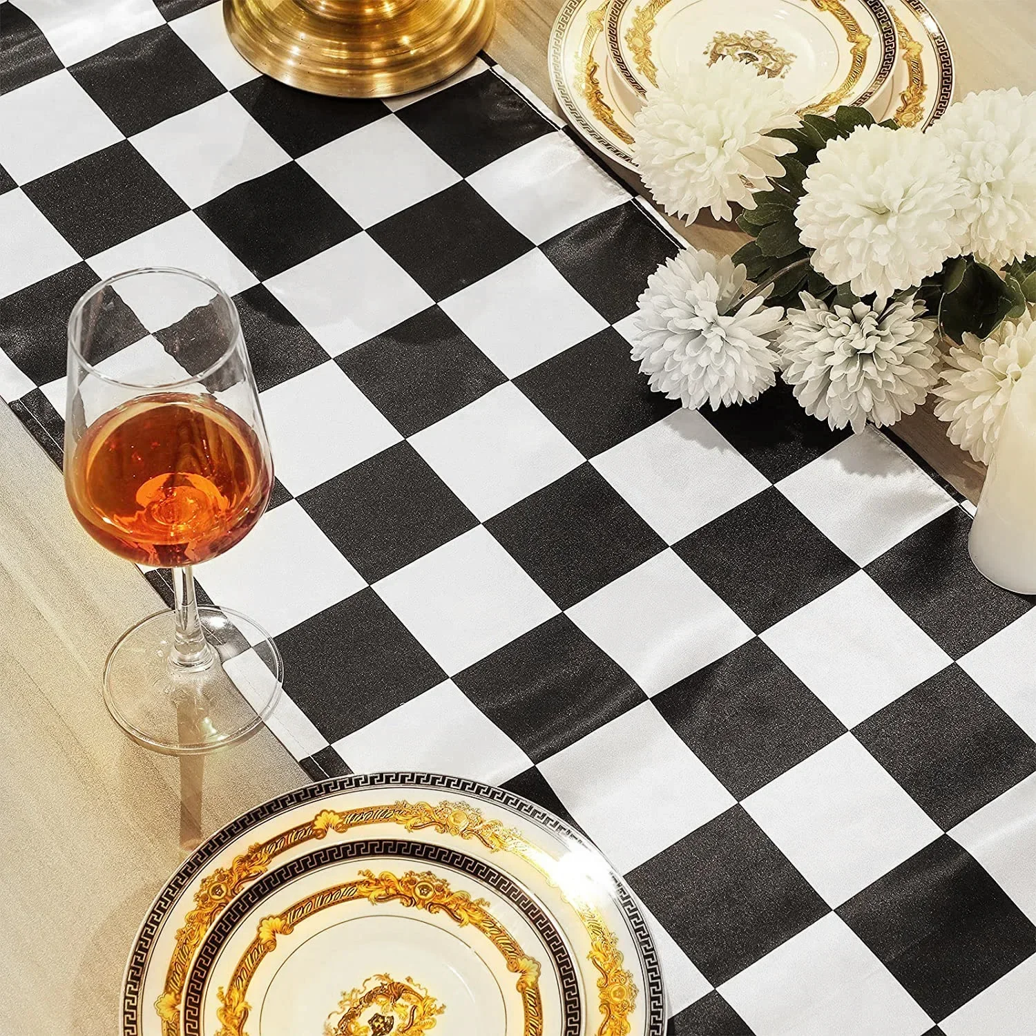 Classic Black White Checkered Table Runner Polyester Racing Theme Party Table Decor Soccer Goal Cup Wedding Table Runners 3