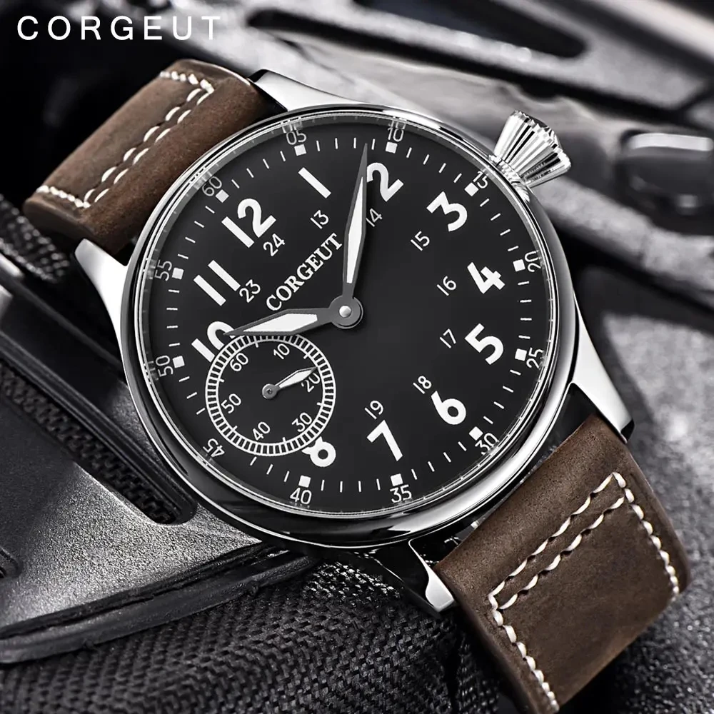 Mechanical Watch Corgeut 44mm Leather Luminous Mechanical Hand Winding Watch for Men 17 Jewels ST3600 Seagull 6497 Movement Sport Wristwatches