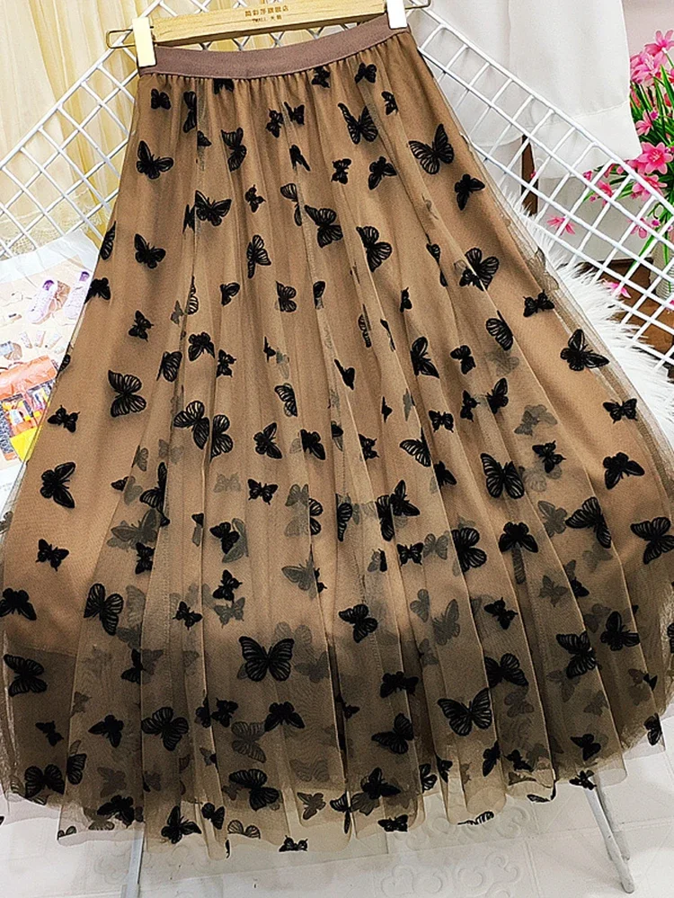 Butterfly Flocking Tulle Long Skirt Women Aesthetic Casual A Line Elastic High Waist Midi Mesh Skirt Female Black 5
