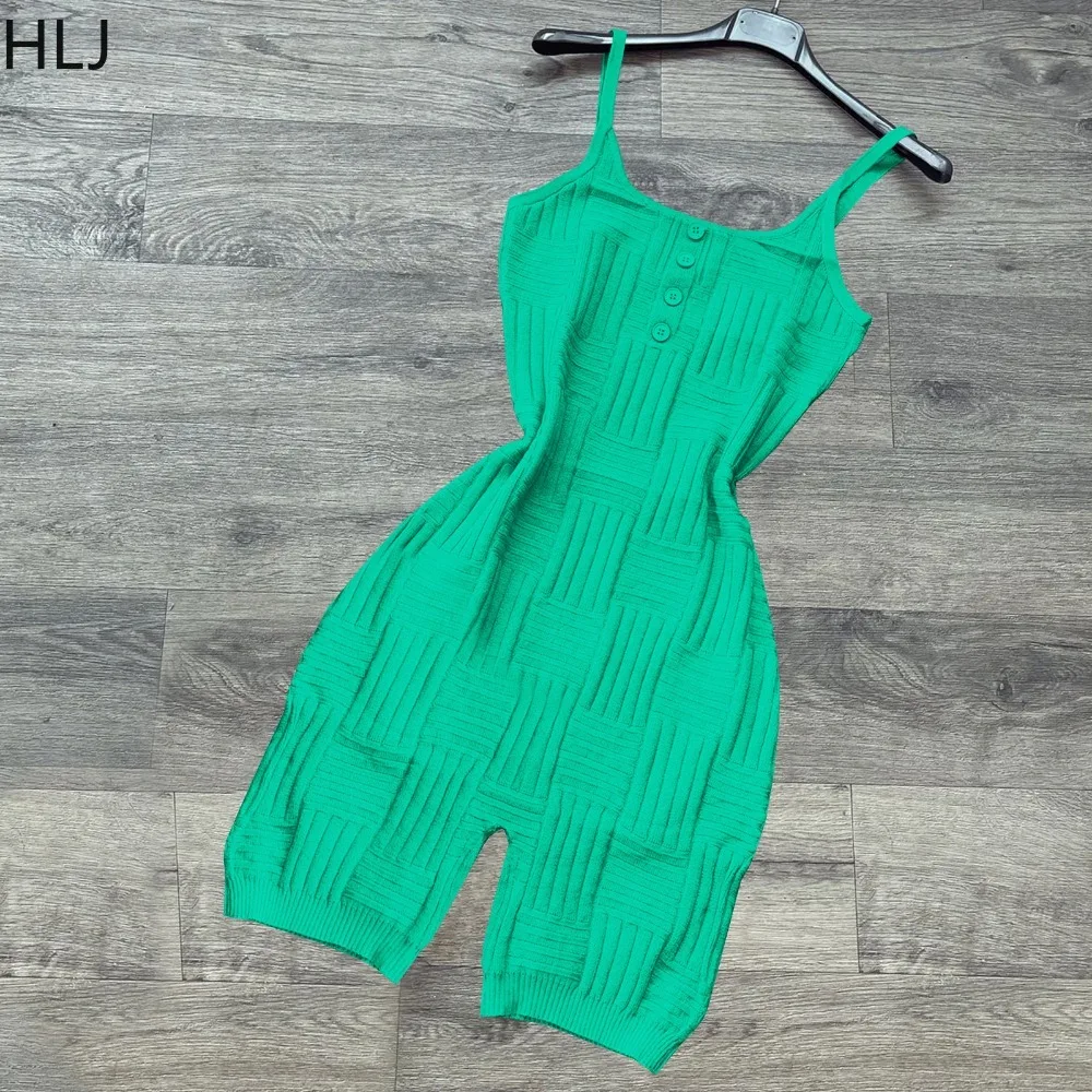 HLJ Summer Solid Color Knitting Button Bodycon Rompers Women Thin Strap Sleeveless Slim Jumpsuits Casual Female Backless Overall